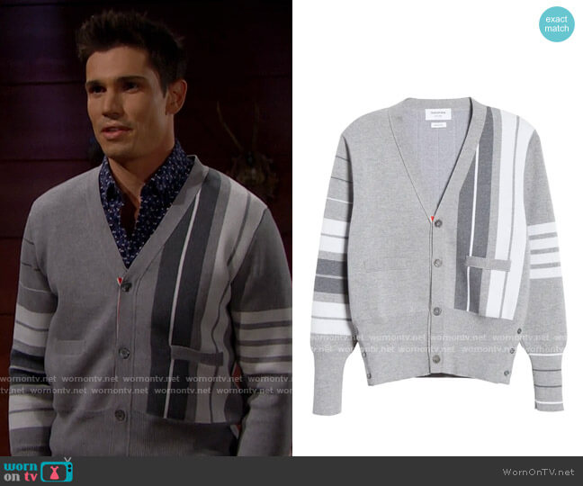 Thome Brown Stripe 4-Bar Merino Wool Cardigan worn by Dr. John Finnegan (Tanner Novlan) on The Bold and the Beautiful