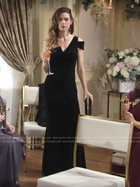 Victoria’s one-shoulder velvet gown at Abby’s wedding on The Young and the Restless