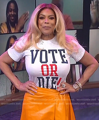 Wendy's orange leather asymmetric skirt on The Wendy Williams Show