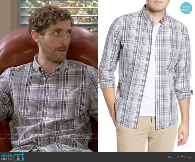 1901 Slim Fit Plaid Button-Down Shirt in Grey Silk Linen Madras Check worn by Drew Dunbar (Thomas Middleditch) on B Positive