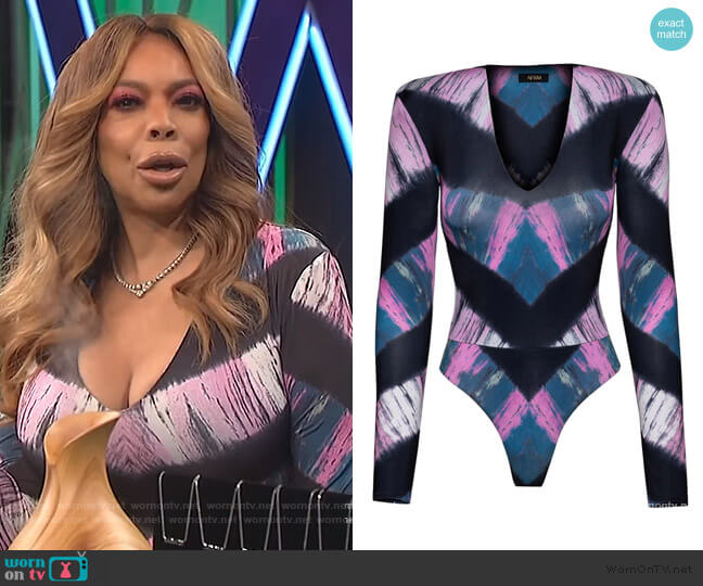 Sybil Long Sleeve Thong Bodysuit by AFRM worn by Wendy Williams on The Wendy Williams Show