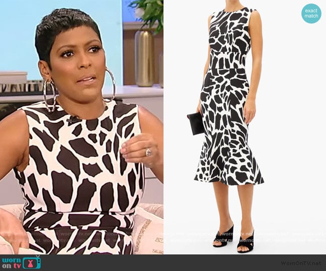 Flared giraffe-print crepe dress by Alexandre Vauthier worn by Tamron Hall on Tamron Hall Show