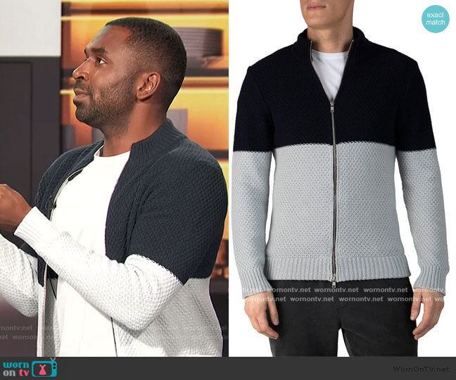 Colorblock Cotton-Blend Zip Up Sweater by ATM Anthony Thomas Melillo worn by Justin Sylvester on E! News