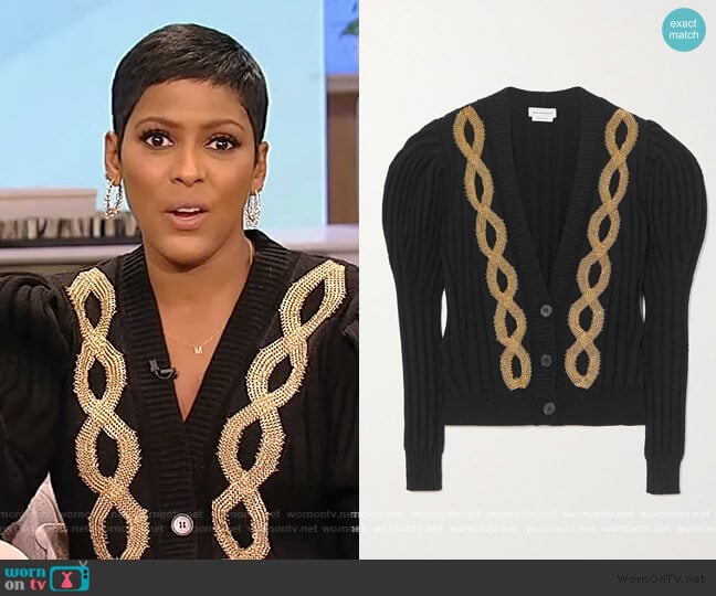 Embellished ribbed wool-blend cardigan by Alexander McQueen worn by Tamron Hall on Tamron Hall Show