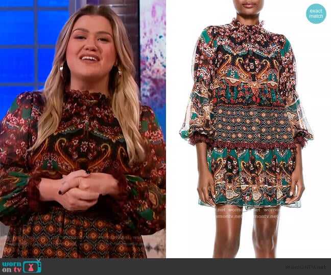 Marella Printed Mock Neck Dress by Alice + Olivia worn by Kelly Clarkson on The Kelly Clarkson Show