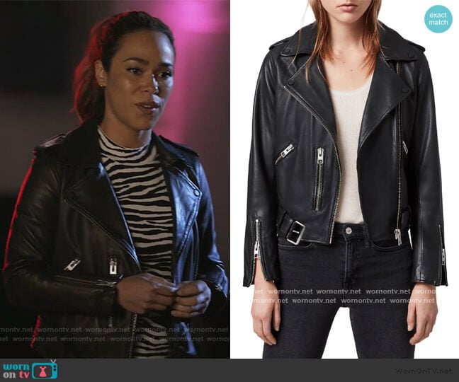 Balfern Leather Biker Jacket by All Saints worn by Emily Lopez (Jessica Camacho) on All Rise