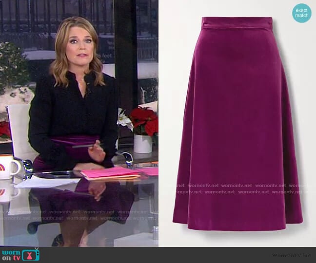 Alma Cotton-Velvet Midi Skirt by Aross Girl x Soler worn by Savannah Guthrie on Today