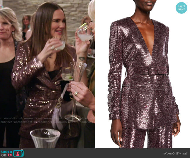 Sequin Crush-Sleeve Belted Jacket by Badgley Mischka Collection worn by Meredith Marks on The Real Housewives of Salt Lake City