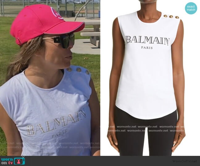 Button-embellished printed cotton-jersey tank by Balmain worn by Kelly Dodd on The Real Housewives of Orange County