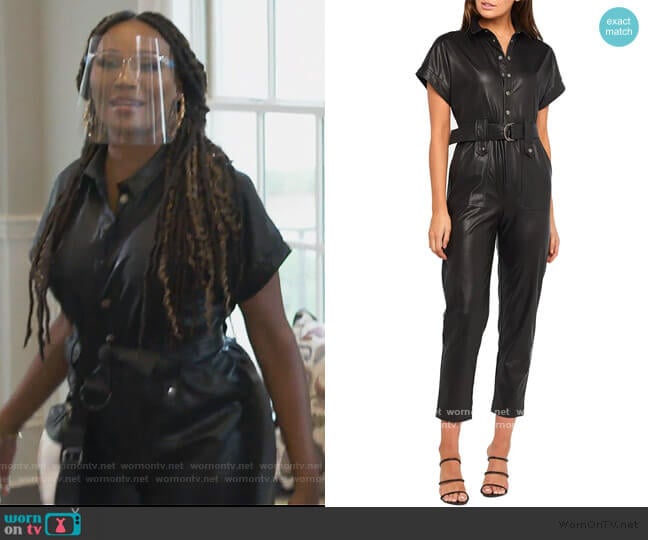 Faux Leather Belted Jumpsuit by Bardot worn by Cynthia Bailey on The Real Housewives of Atlanta