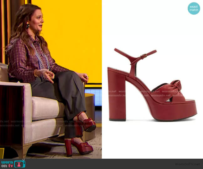 Bianca knotted leather platform sandals by Saint Laurent worn by Drew Barrymore  on The Drew Barrymore Show