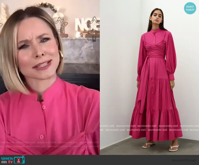 Puff Sleeves Belted Dress by Bouguessa worn by Kristen Bell on The Drew Barrymore Show