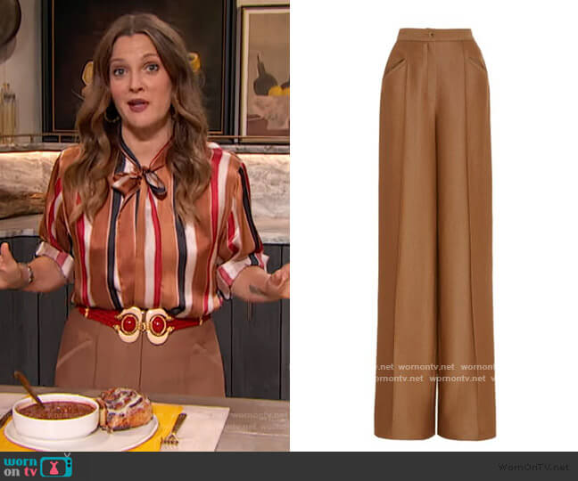 Creased Wool-Silk Twill Wide-Leg Pants by Brandon Maxwell worn by Drew Barrymore on The Drew Barrymore Show