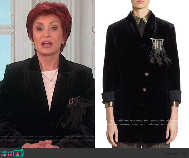 Black Velvet Feather Pocket Blazer by Brunello Cucinelli worn by Sharon Osbourne on The Talk