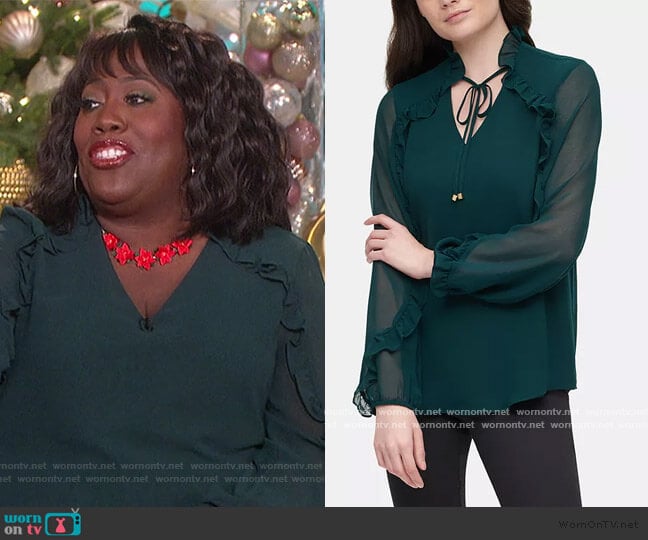 Ruffled Sheer-Sleeve Top by Calvin Klein worn by Sheryl Underwood on The Talk