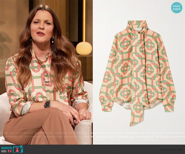 Tie-detailed printed silk-twill blouse by Casablanca worn by Drew Barrymore on The Drew Barrymore Show