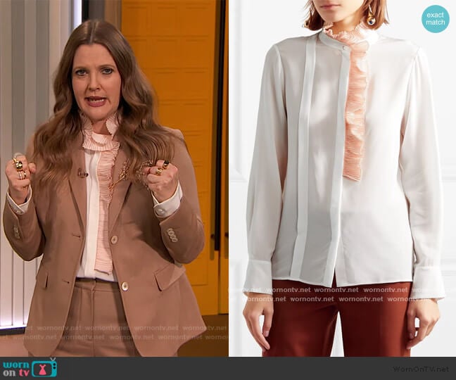 Ruffle-trimmed silk-georgette blouse by Chloe worn by Drew Barrymore on The Drew Barrymore Show