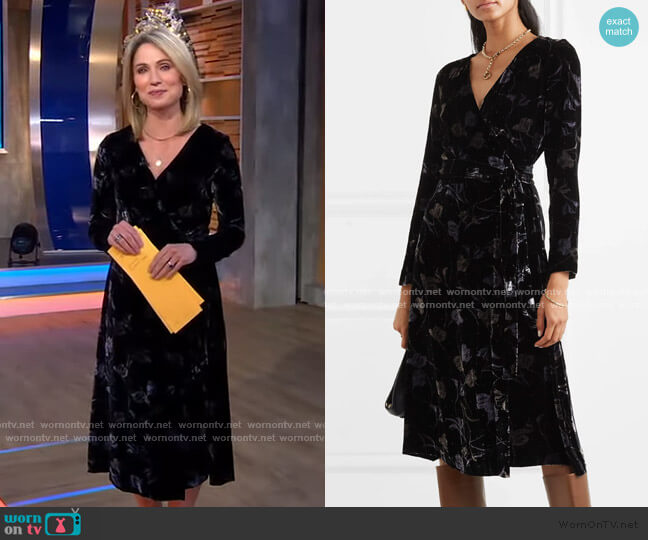 WornOnTV: Amy’s black floral print velvet wrap dress on Good Morning ...