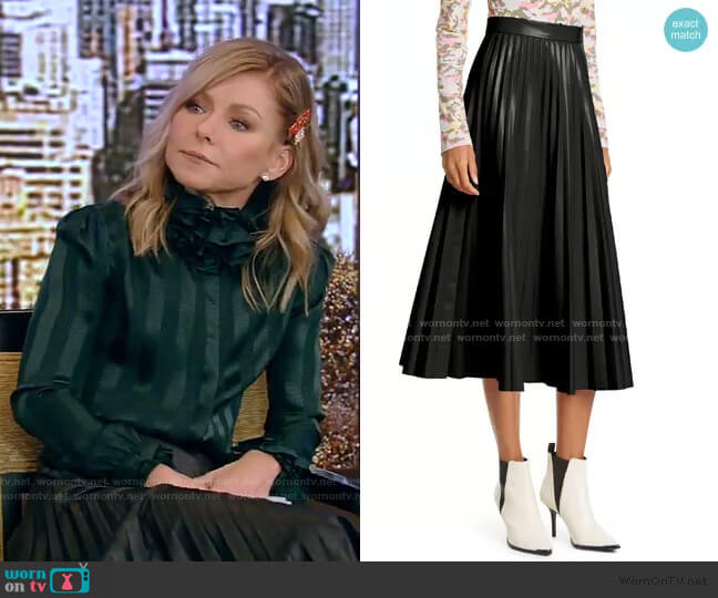 Pleated Faux Leather Midi Skirt by Maison Margiela worn by Kelly Ripa on Live with Kelly and Mark