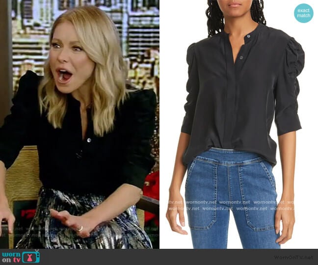 Shirred-Sleeve Silk Shirt by Frame worn by Kelly Ripa on Live with Kelly and Mark