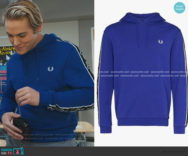 Logo Tape Cotton Hoodie by Fred Perry worn by Mac Morris (Mitchell Hoog) on Saved By The Bell