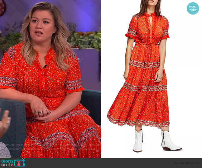 Rare Feeling high-neck floral-print woven midi dress by Free People worn by Kelly Clarkson on The Kelly Clarkson Show