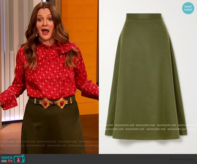 The Ada herringbone camel hair midi skirt by Giuliva Heritage worn by Drew Barrymore on The Drew Barrymore Show