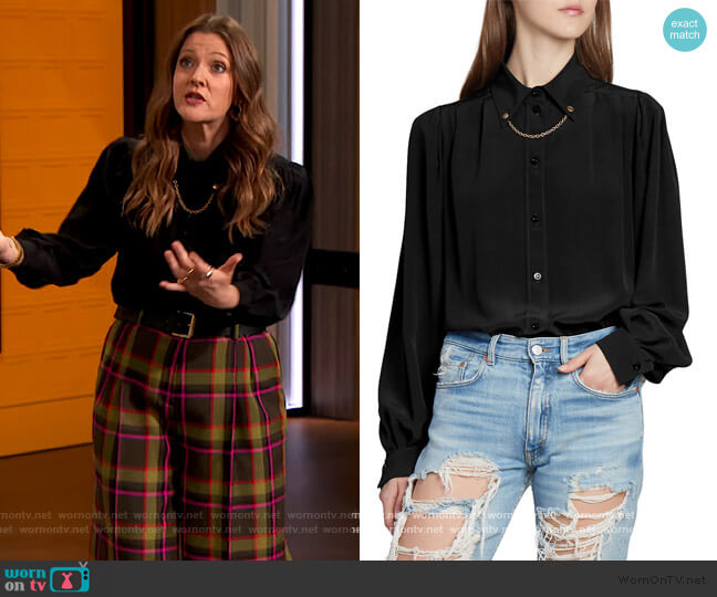 Chain-Trimmed Silk Blouse by Givenchy worn by Drew Barrymore on The Drew Barrymore Show