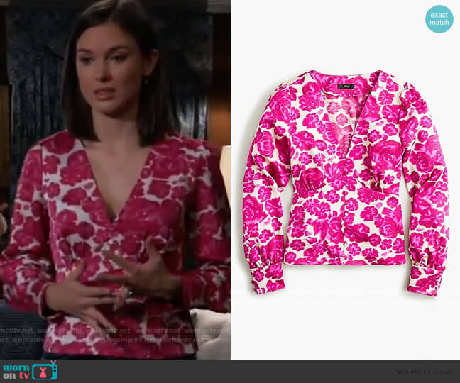 Deep V-neck button-front top in shaded floral by J. Crew worn by Willow Tait (Katelyn MacMullen) on General Hospital