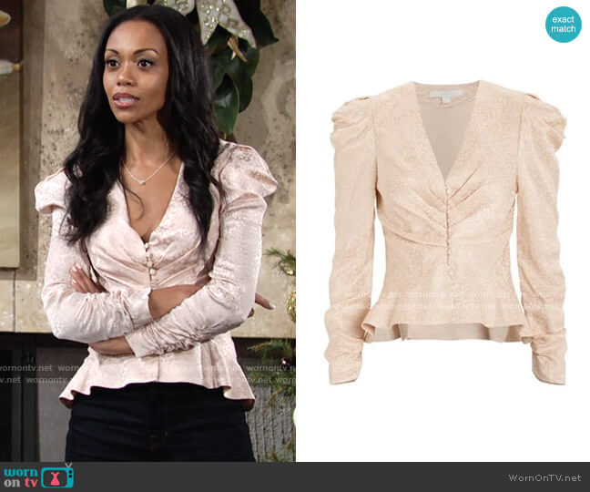 Jonathan Simkhai Leopard Satin Ruched Top worn by Amanda Sinclair (Mishael Morgan) on The Young and the Restless