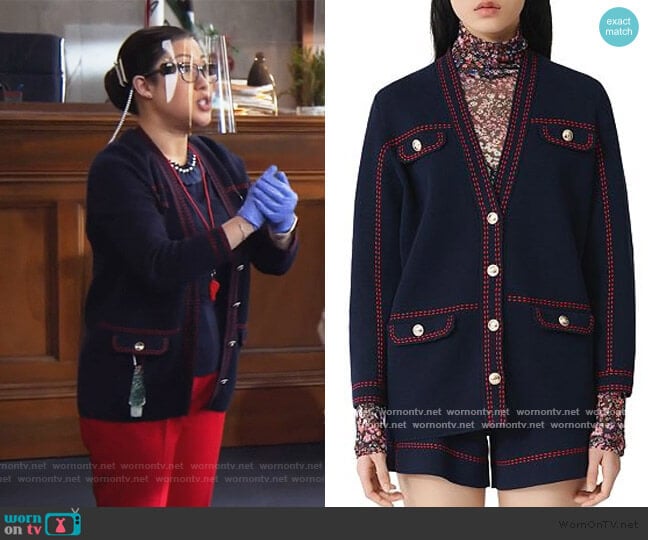 Mollie Topstitched Cardigan by Maje worn by Sherri Kansky (Ruthie Ann Miles) on All Rise