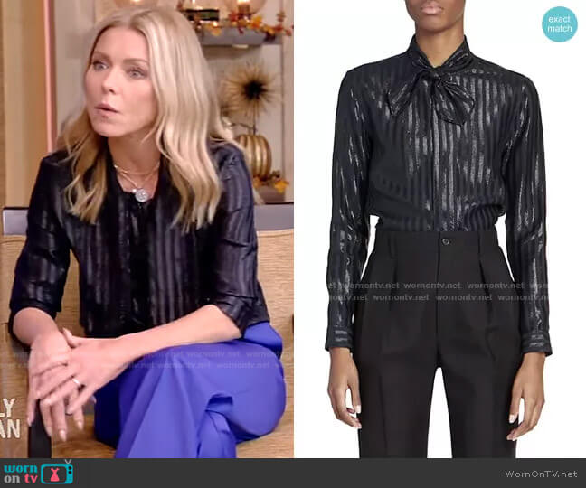Metallic Stripe Tie Neck Silk Blend Blouse by Saint Laurent worn by Kelly Ripa on Live with Kelly and Ryan