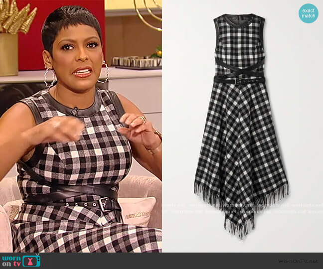 Dover belted leather-trimmed checked wool midi dress by Michael Kors worn by Tamron Hall on Tamron Hall Show