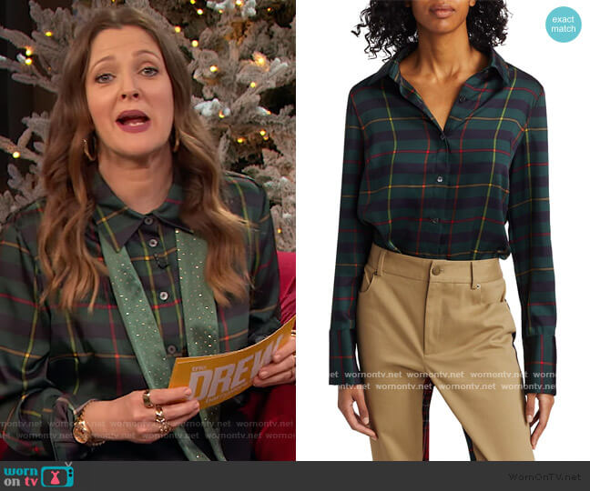 Harris Tartan Cowl Back Shirt by Monse worn by Drew Barrymore on The Drew Barrymore Show