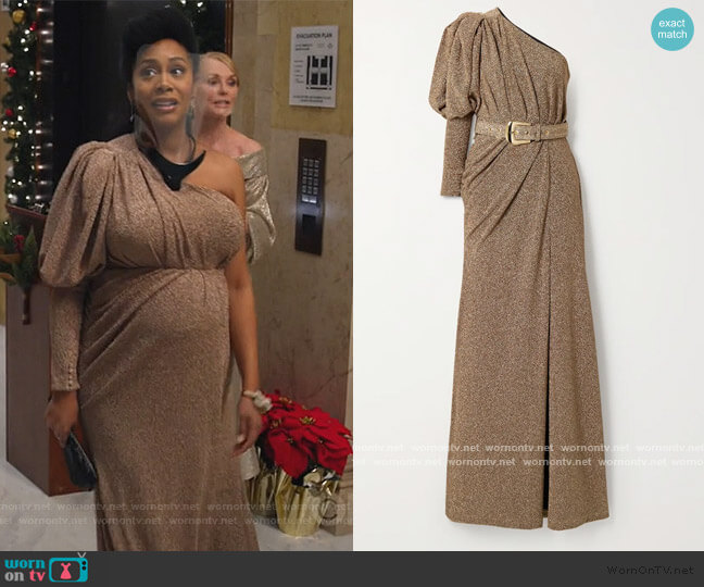 One-sleeve belted ruched Lurex gown by Patbo worn by Lola Carmichael (Simone Missick) on All Rise