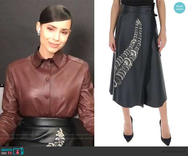 Prada Embellished Wrap Midi Skirt by Prada worn by Sofia Carson on Live with Kelly and Ryan