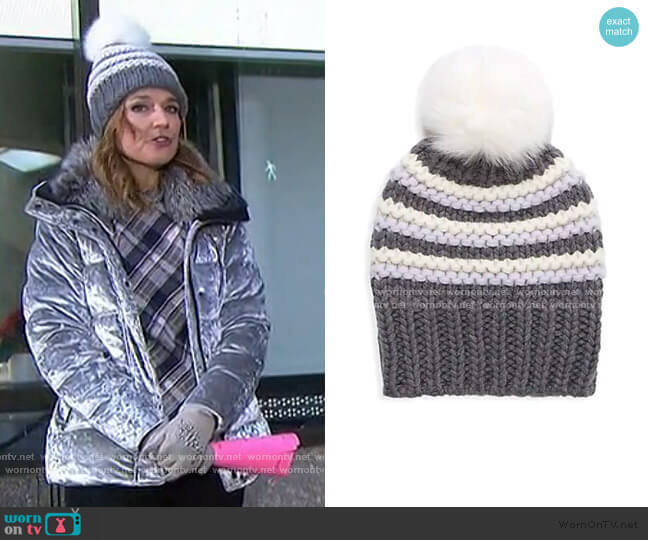 Trilly Fox Fur-Trimmed Cashmere Stripe Beanie by Raffaello Bettini worn by Savannah Guthrie on Today