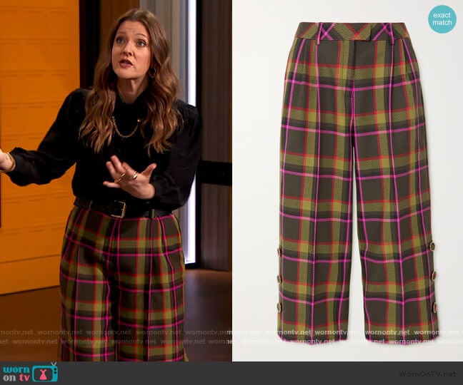 Cropped checked wool-drill wide-leg pants by Ralph & Russo worn by Drew Barrymore on The Drew Barrymore Show