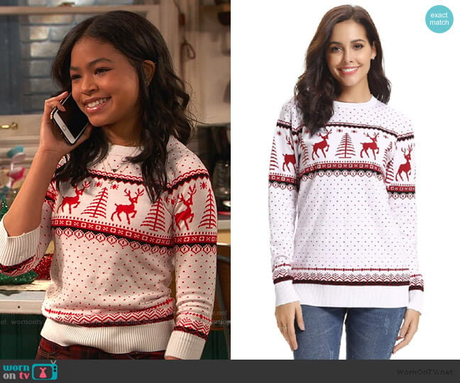 Reindeer Snowflakes Sweater by Abollria worn by Nia Baxter (Navia Robinson) on Ravens Home