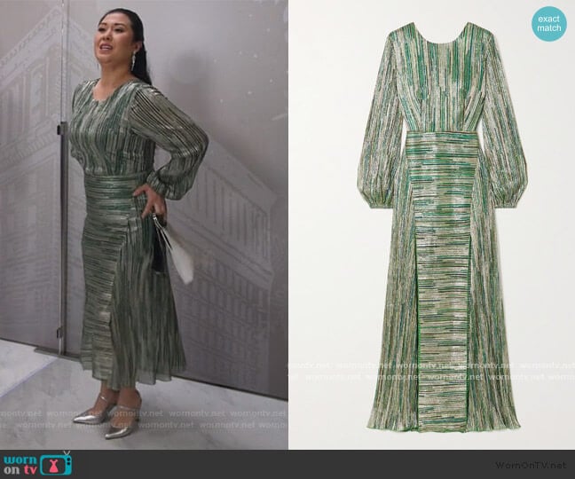 Lisa striped metallic stretch-knit maxi dress by Rotate Birger Christensen worn by Sherri Kansky (Ruthie Ann Miles) on All Rise