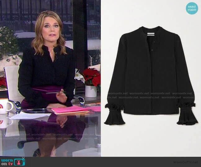 WornOnTV: Savannah’s black ruffle cuff blouse and purple skirt on Today ...