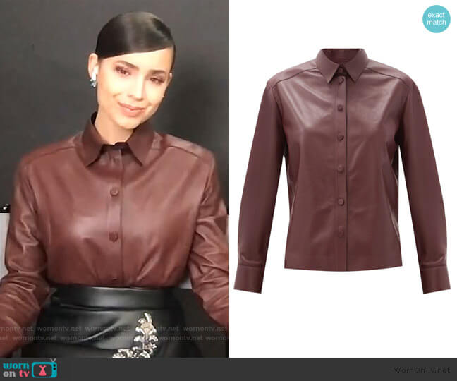 Point-collar leather shirt by Salvatore Ferragamo worn by Sofia Carson on Live with Kelly and Ryan