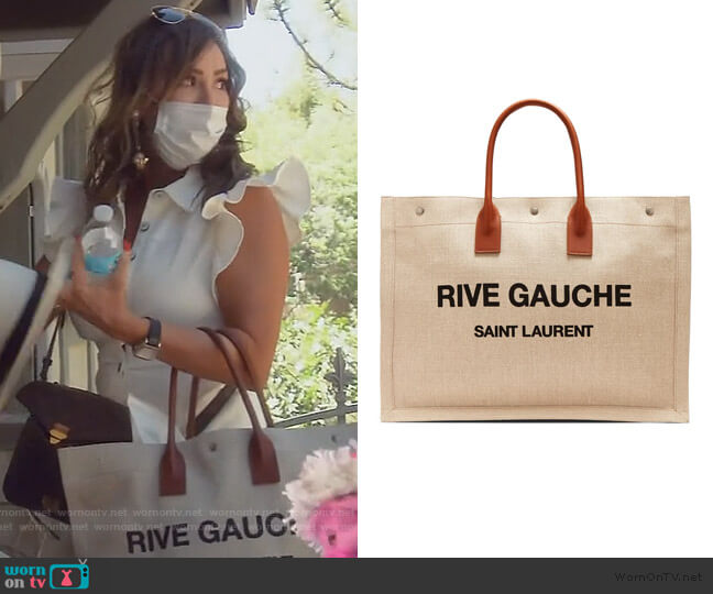 Saint Laurent Rive Gauche Tote Bag In Beige Linen And Cognac