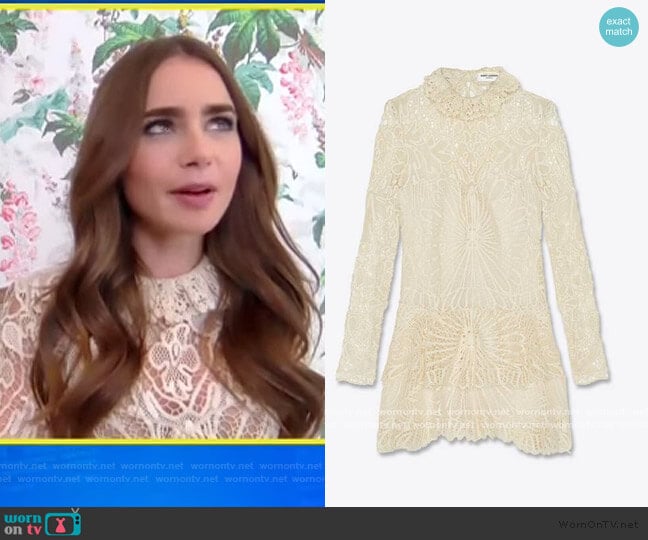 Chrocheted Lace Dress by Saint Laurent worn by Lilly Collins on E! News Daily Pop