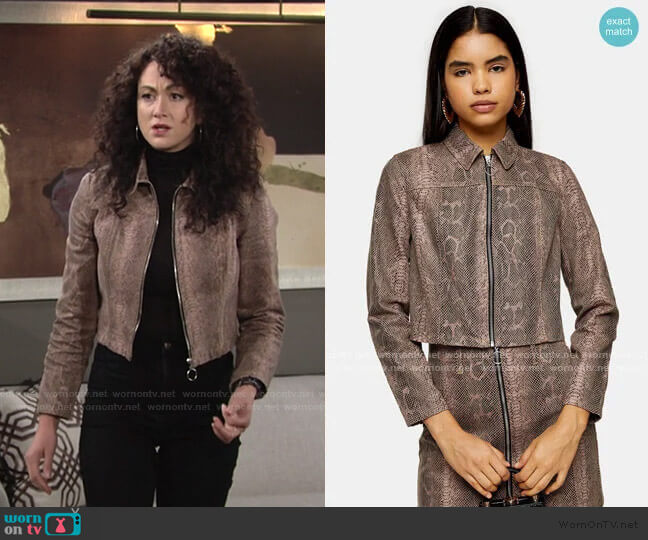 Sand Snake Print Zip Fitted Jacket by Topshop worn by Maria DiDomenico on The Young and the Restless