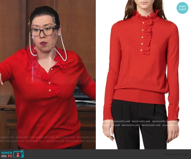 Amor Lace Trim Mock Neck Sweater by Sandro worn by Sherri Kansky (Ruthie Ann Miles) on All Rise