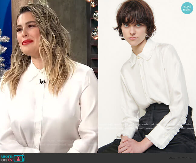 Silk shirt with pleated trim by Sandro worn by Carissa Loethen Culiner on E! News