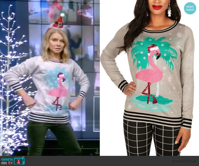 Sequin Flamingo Ugly Christmas Sweater by Tipsy Elves worn by Kelly Ripa on Live with Kelly and Mark