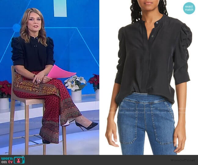 WornOnTV: Savannah’s black blouse and printed pants on Today | Savannah ...