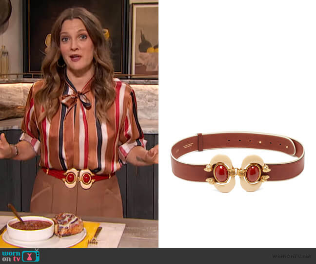 Aries cabochon-embellished leather belt by Sonia Petroff worn by Drew Barrymore on The Drew Barrymore Show